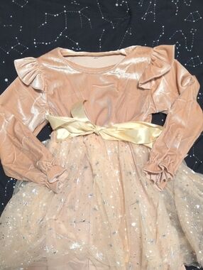 Tan Velvet & Starry Tulle Party Dress with Satin Bow